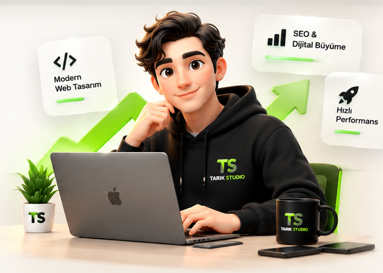 Tarık Studio web tasarım çalışma alanını temsil eden 3D illüstrasyon